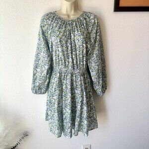 J Crew Liberty Palermo Blue Floral Mini Dress Smocked Waist Balloon Sleeve Large